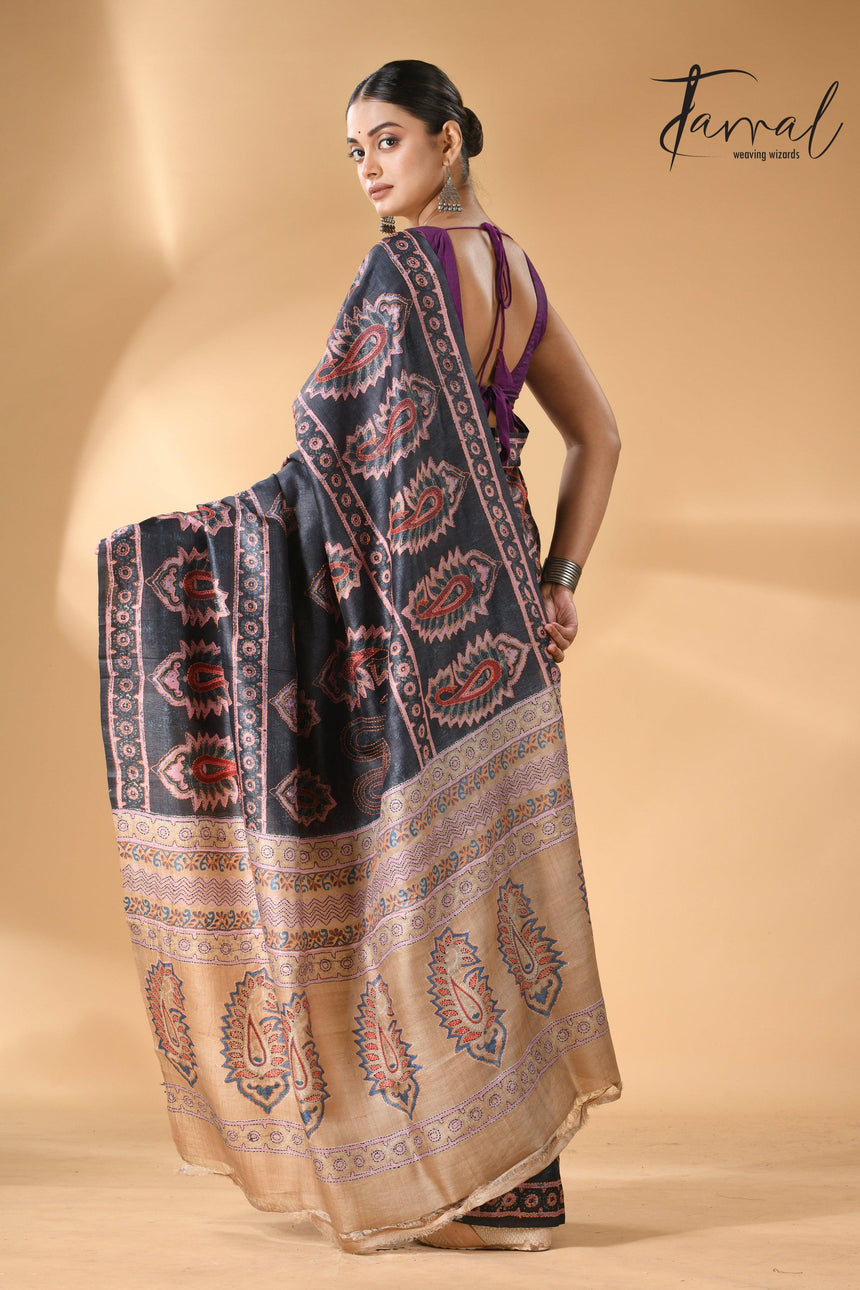Charcoal black handwoven Tussar batik silk Kantha work saree back