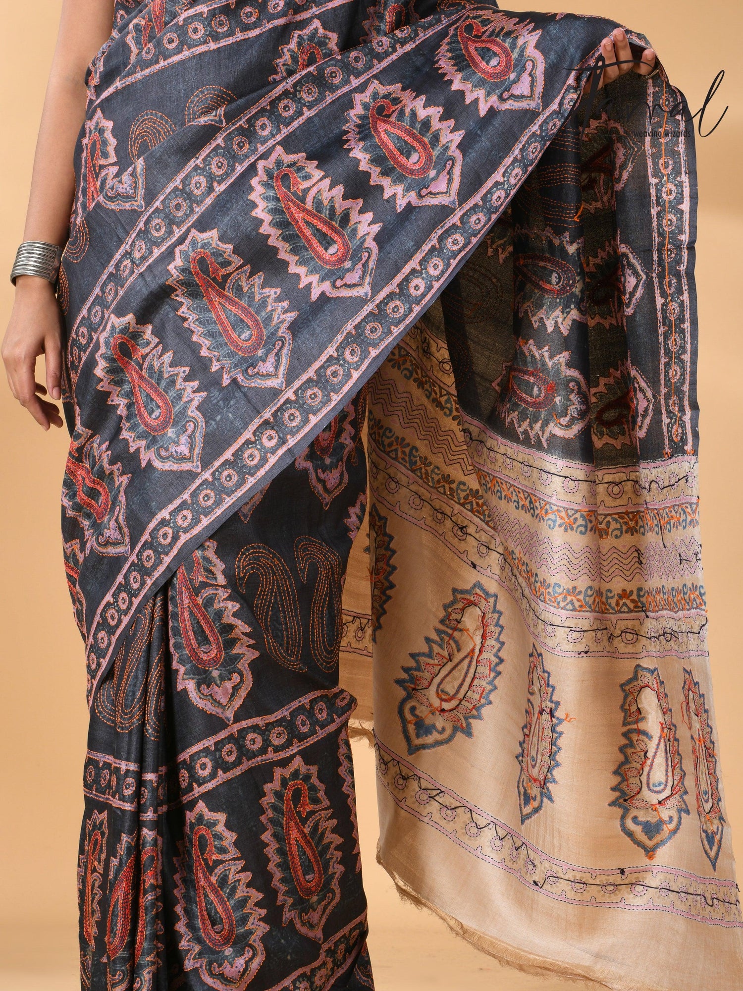 Charcoal black handwoven Tussar batik silk Kantha work saree bottom