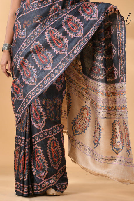 Charcoal black handwoven Tussar batik silk Kantha work saree bottom