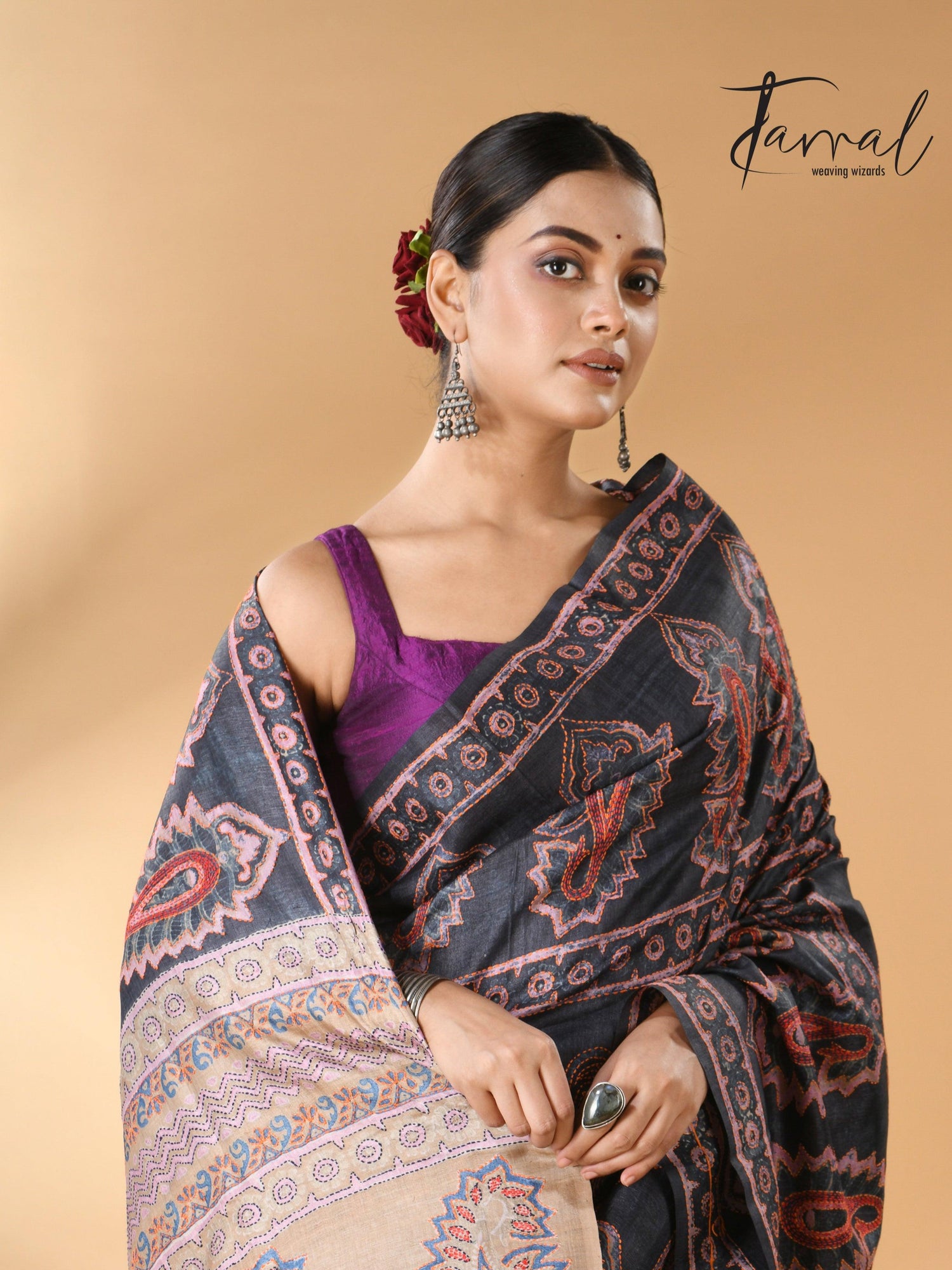 Charcoal black handwoven Tussar batik silk Kantha work saree cls
