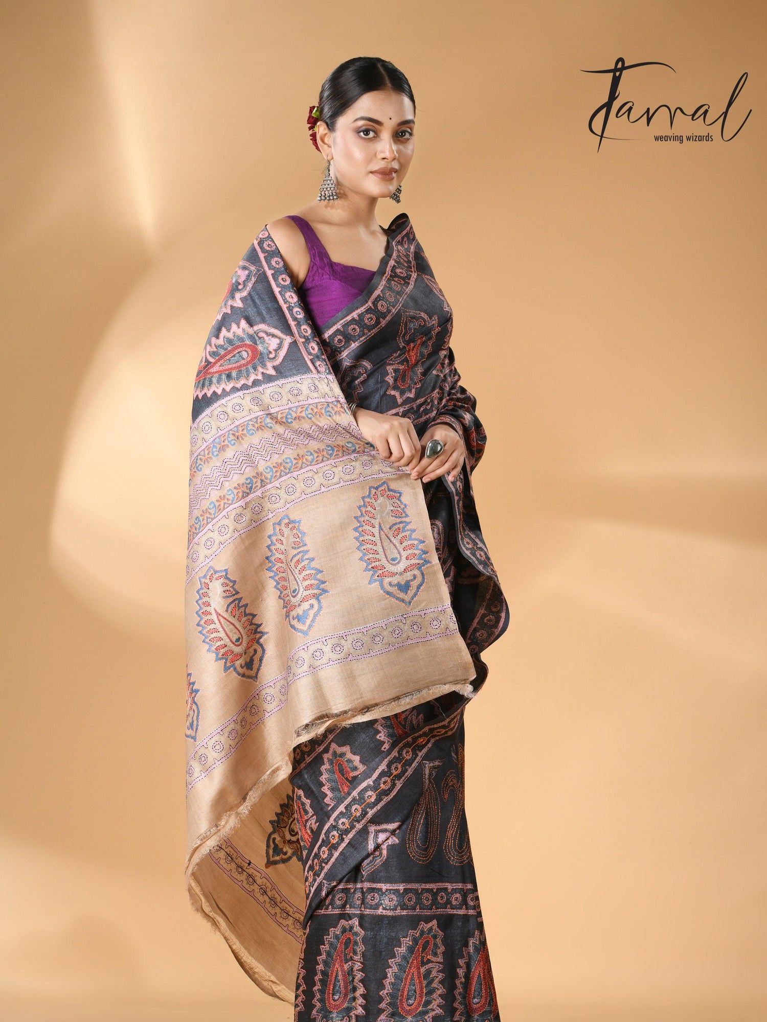 Charcoal black handwoven Tussar batik silk Kantha work saree2