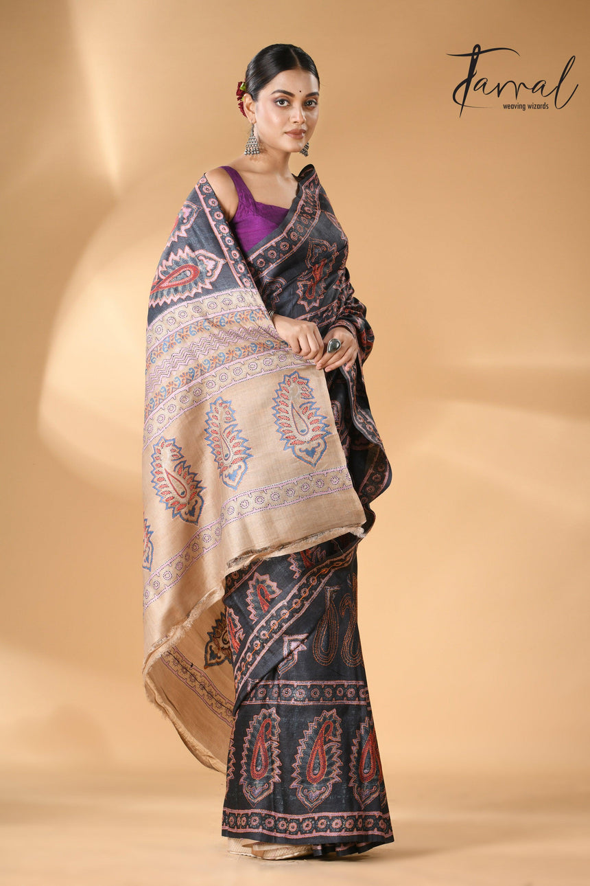 Charcoal black handwoven Tussar batik silk Kantha work saree2