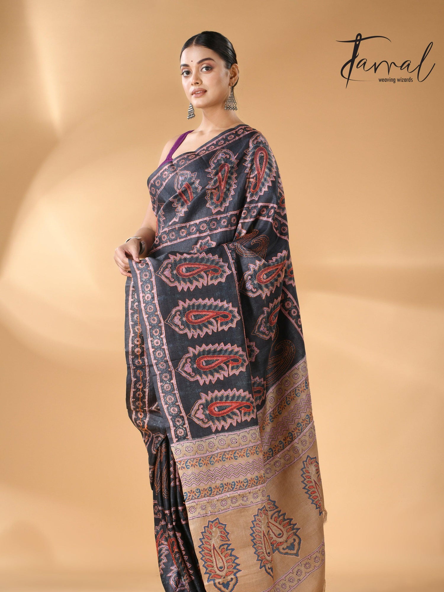 Charcoal black handwoven Tussar batik silk Kantha work saree right