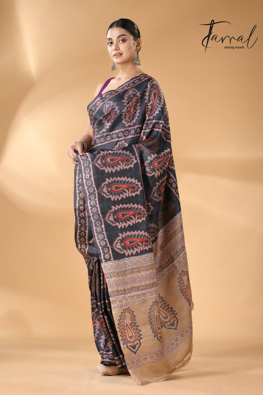 Charcoal black handwoven Tussar batik silk Kantha work saree right