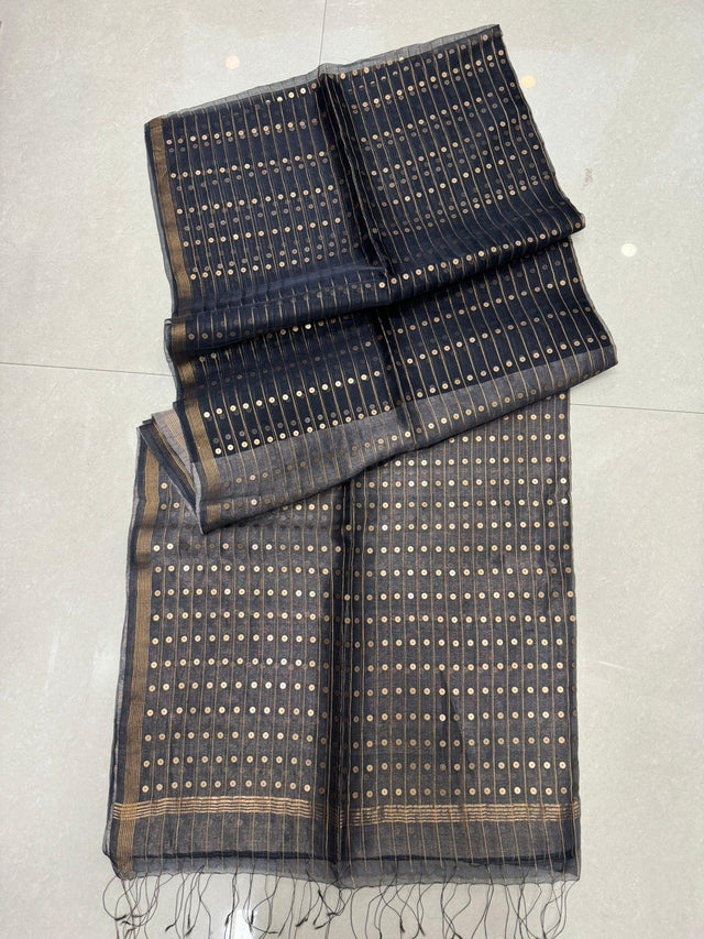 Charcoal black with zari border sequins handwoven saree - Tamal Boutique