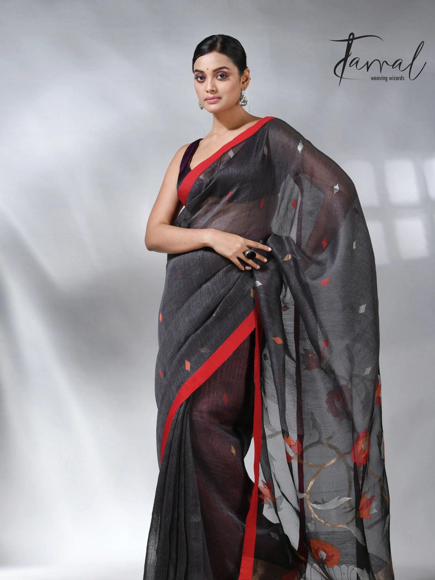 Charcole black with red in silk linen handwoven jamdani saree