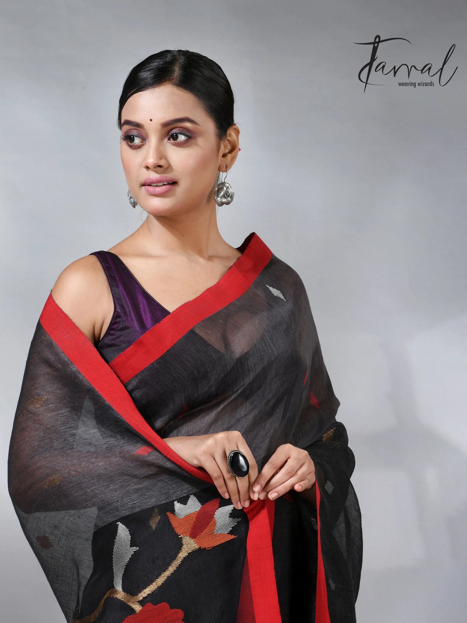 Charcole black with red in silk linen handwoven jamdani saree