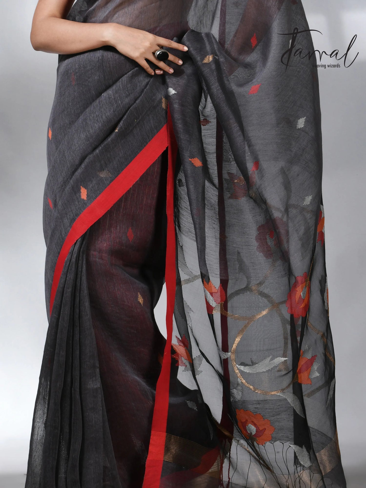 Charcole black with red in silk linen handwoven jamdani saree