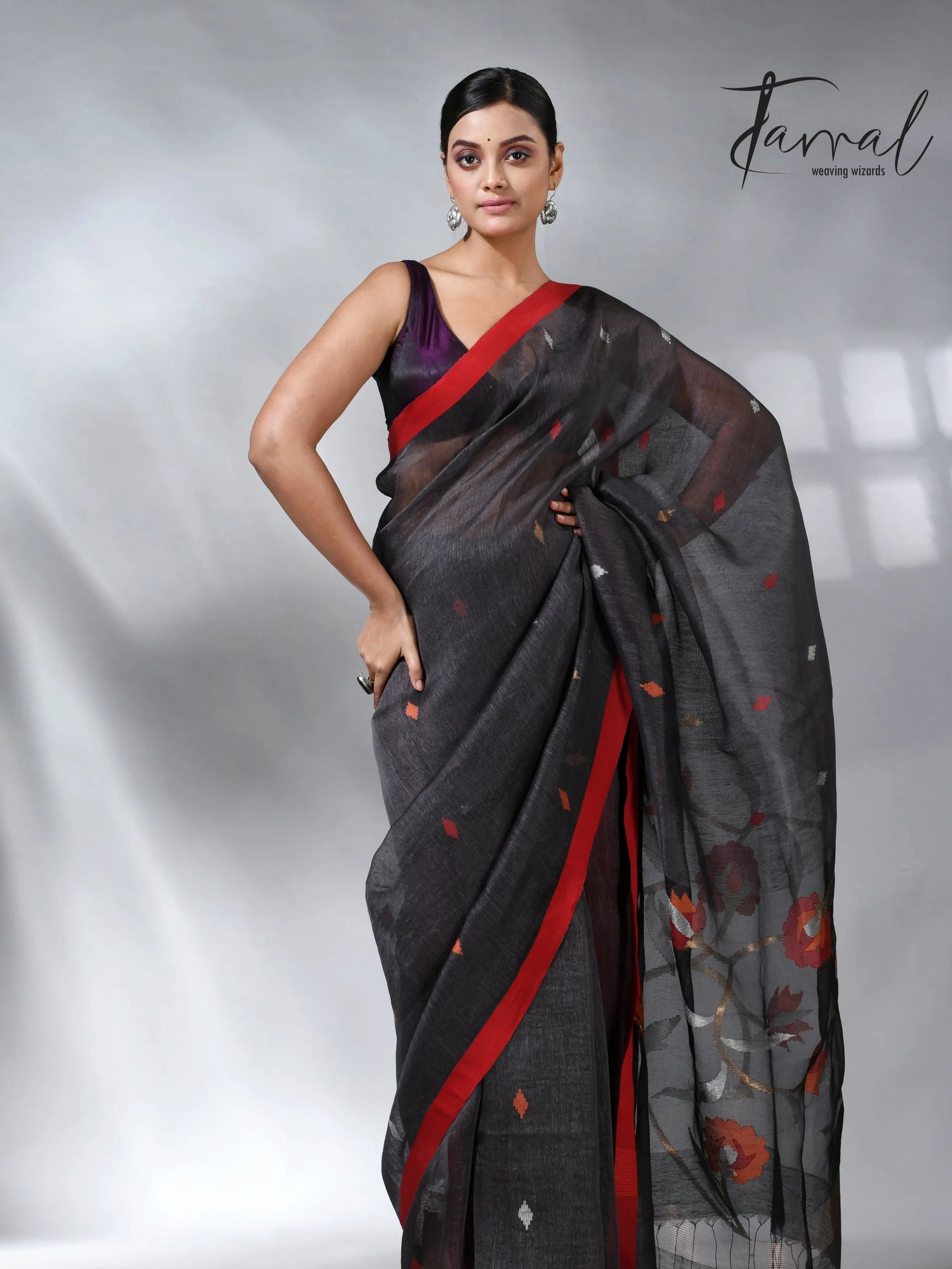 Charcole black with red in silk linen handwoven jamdani saree
