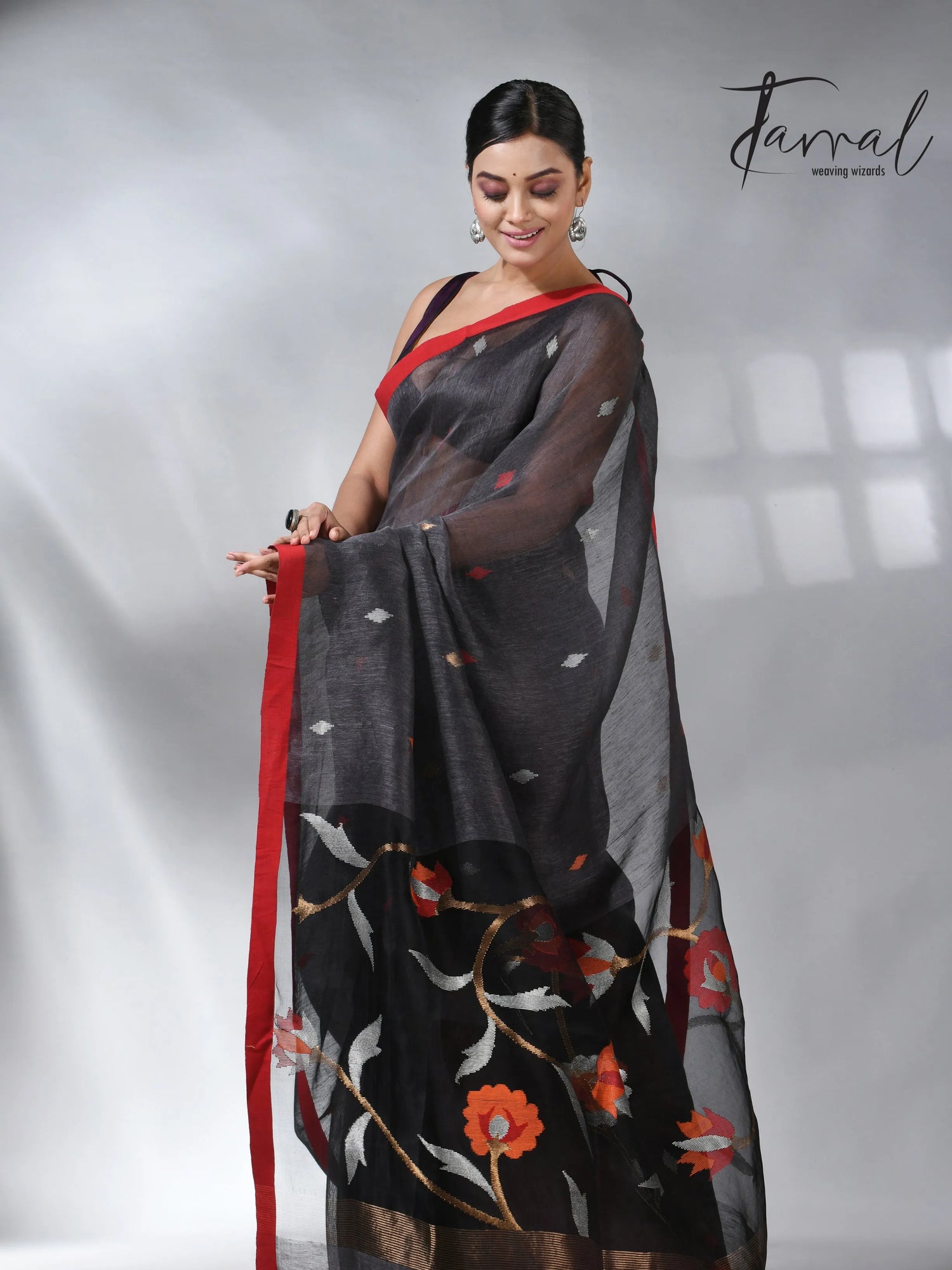 Charcole black with red in silk linen handwoven jamdani saree