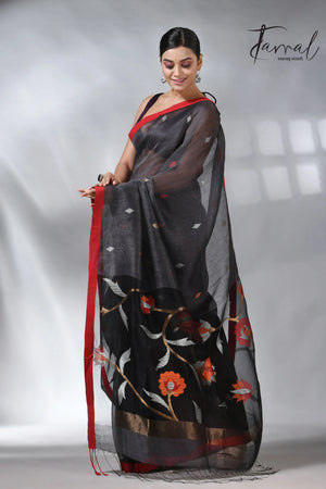 Charcole black with red in silk linen handwoven jamdani saree
