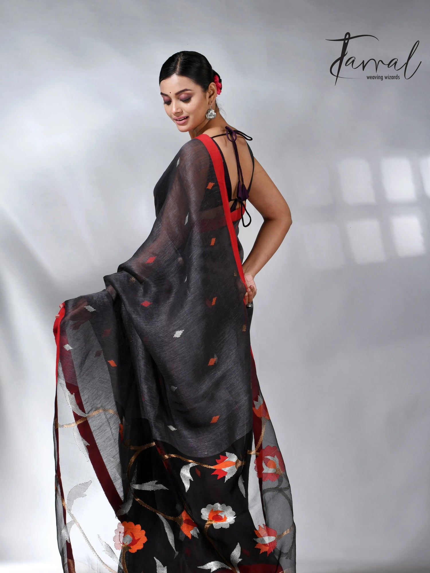 Charcole black with red in silk linen handwoven jamdani saree