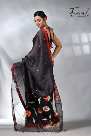 Charcole black with red in silk linen handwoven jamdani saree
