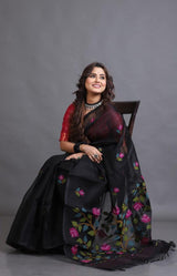 Black With Multi Colour Muslin Silk Handwoven Jamdani Saree - Tamal Boutique