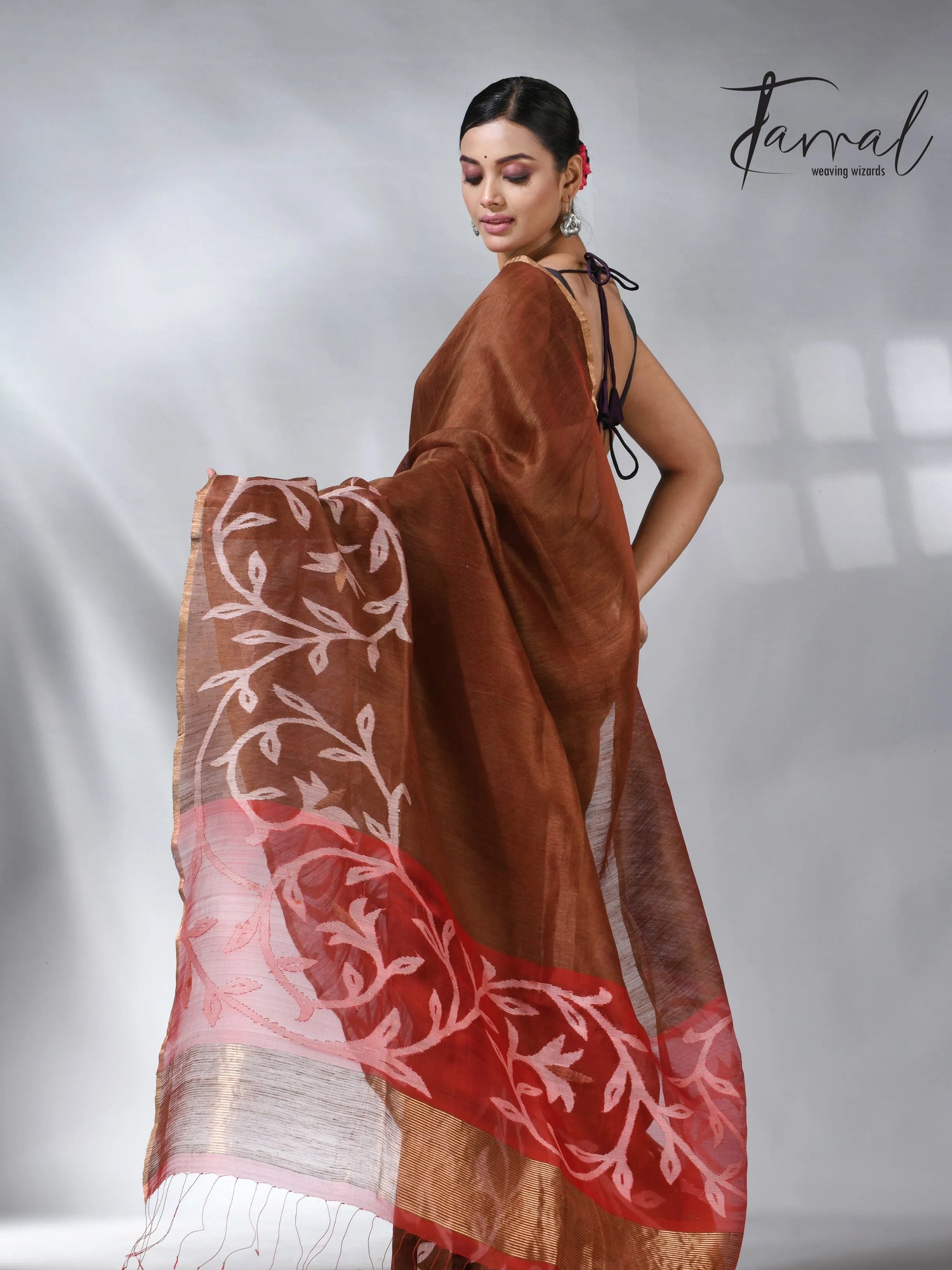 Cherry_wood_brown_silk_linen_floral_handwoven_jamdani_saree