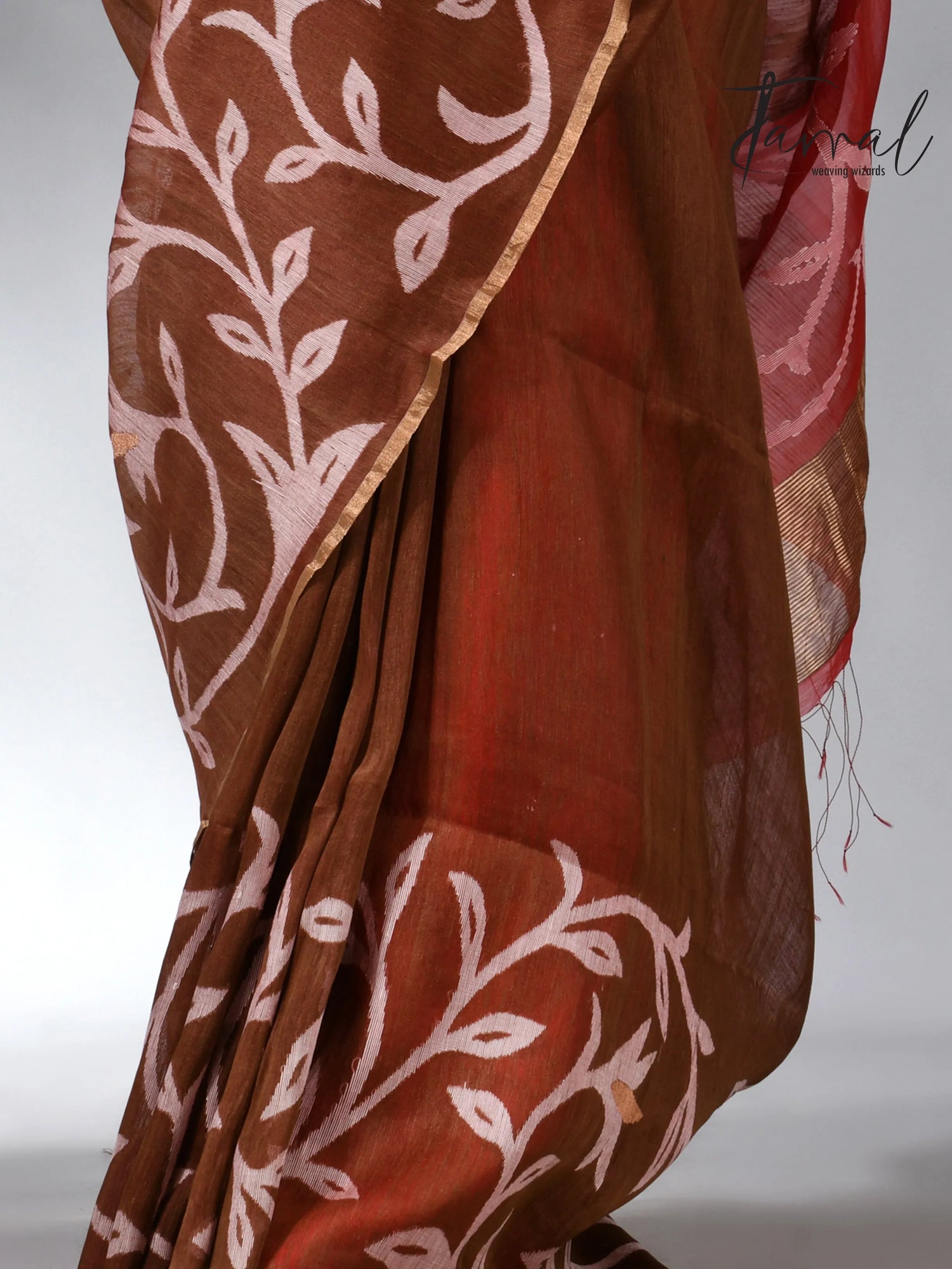 Cherry_wood_brown_silk_linen_floral_handwoven_jamdani_saree