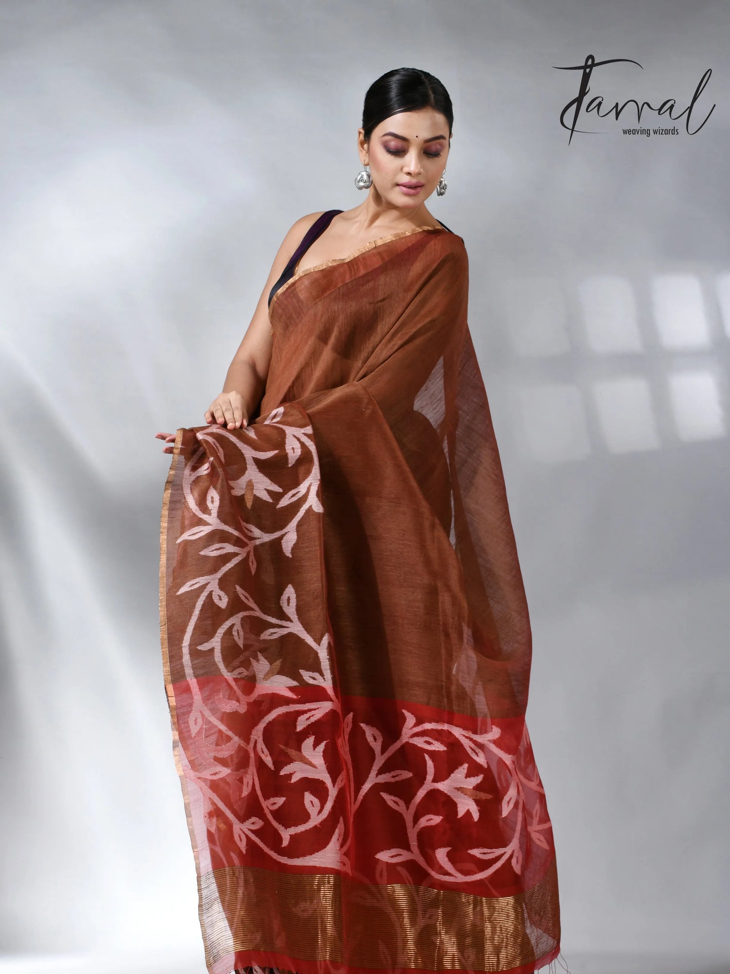 Cherry_wood_brown_silk_linen_floral_handwoven_jamdani_saree