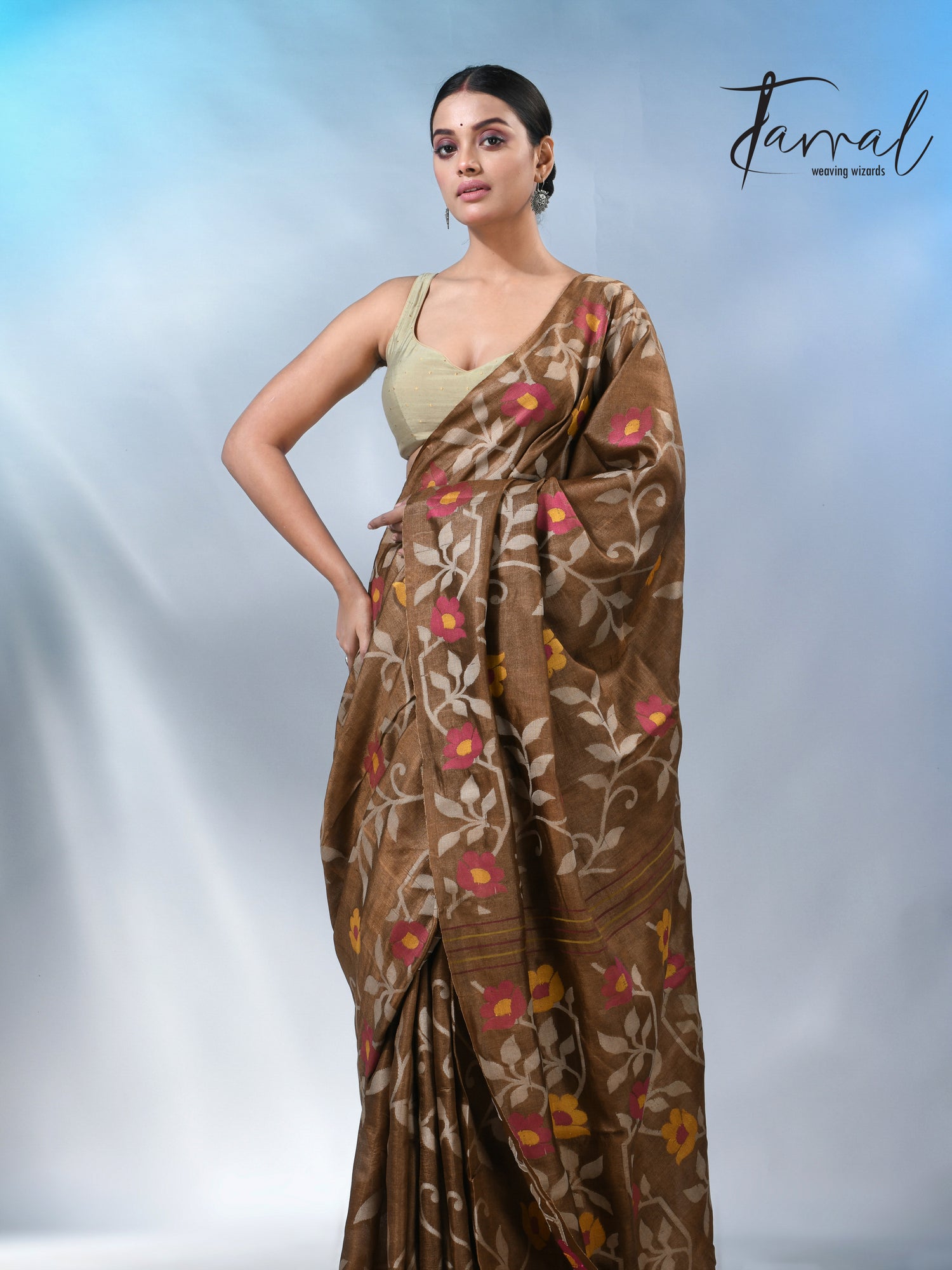 Chocolate brown allover tusser silk handloom jamdani saree