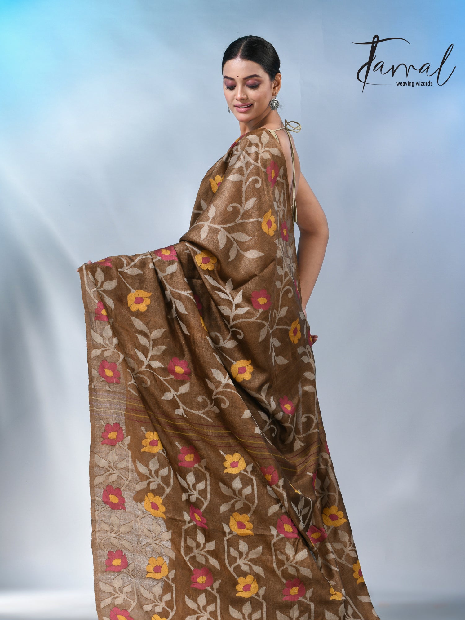 Chocolate brown allover tusser silk handloom jamdani saree