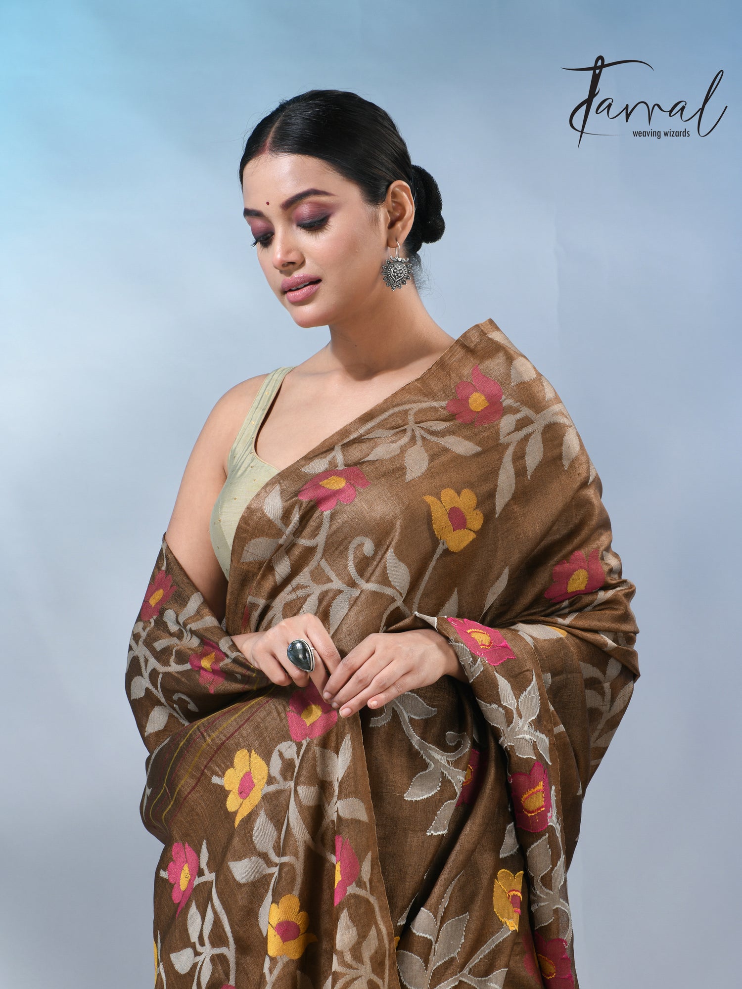 Chocolate brown allover tusser silk handloom jamdani saree