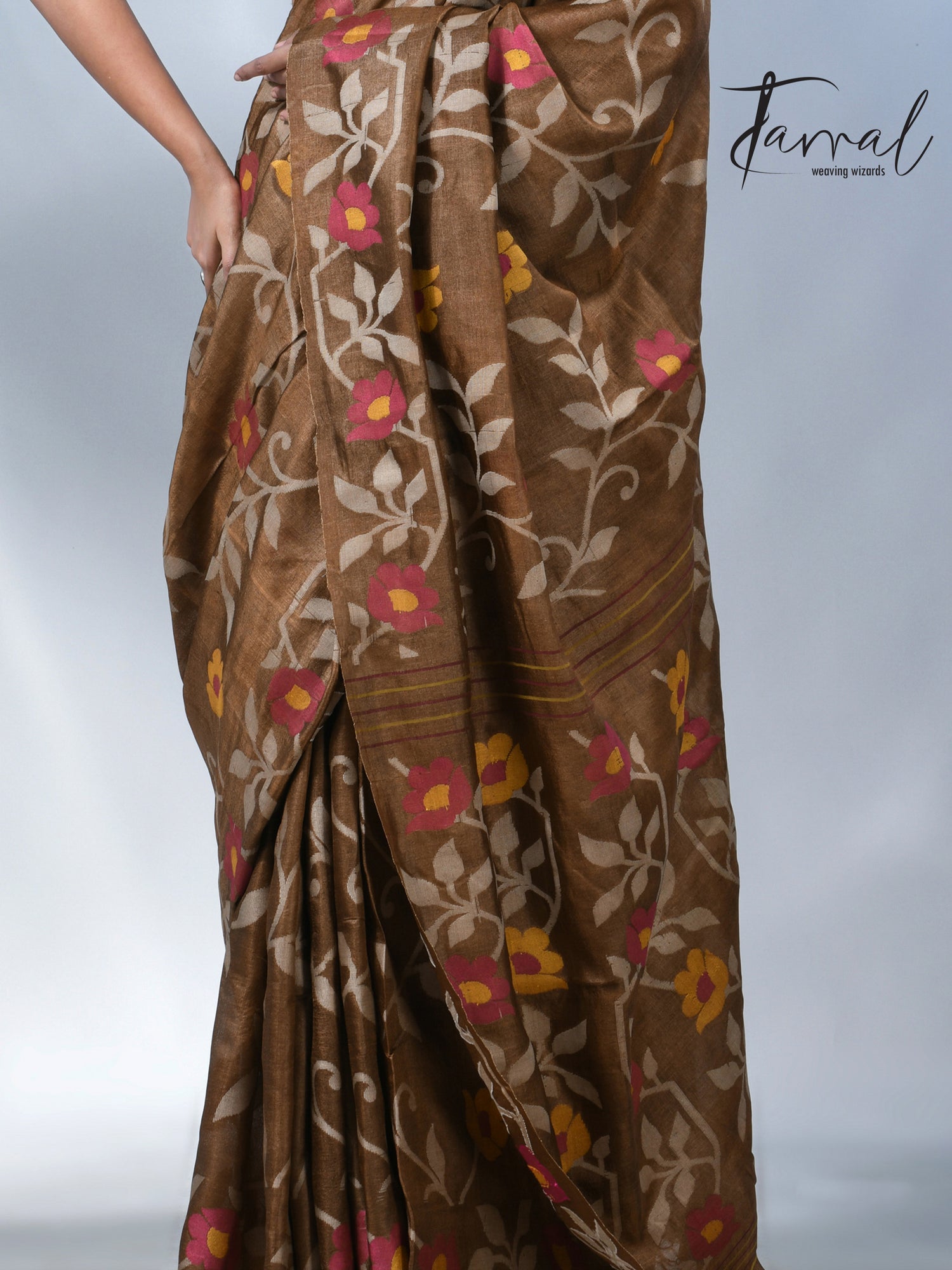 Chocolate brown allover tusser silk handloom jamdani saree