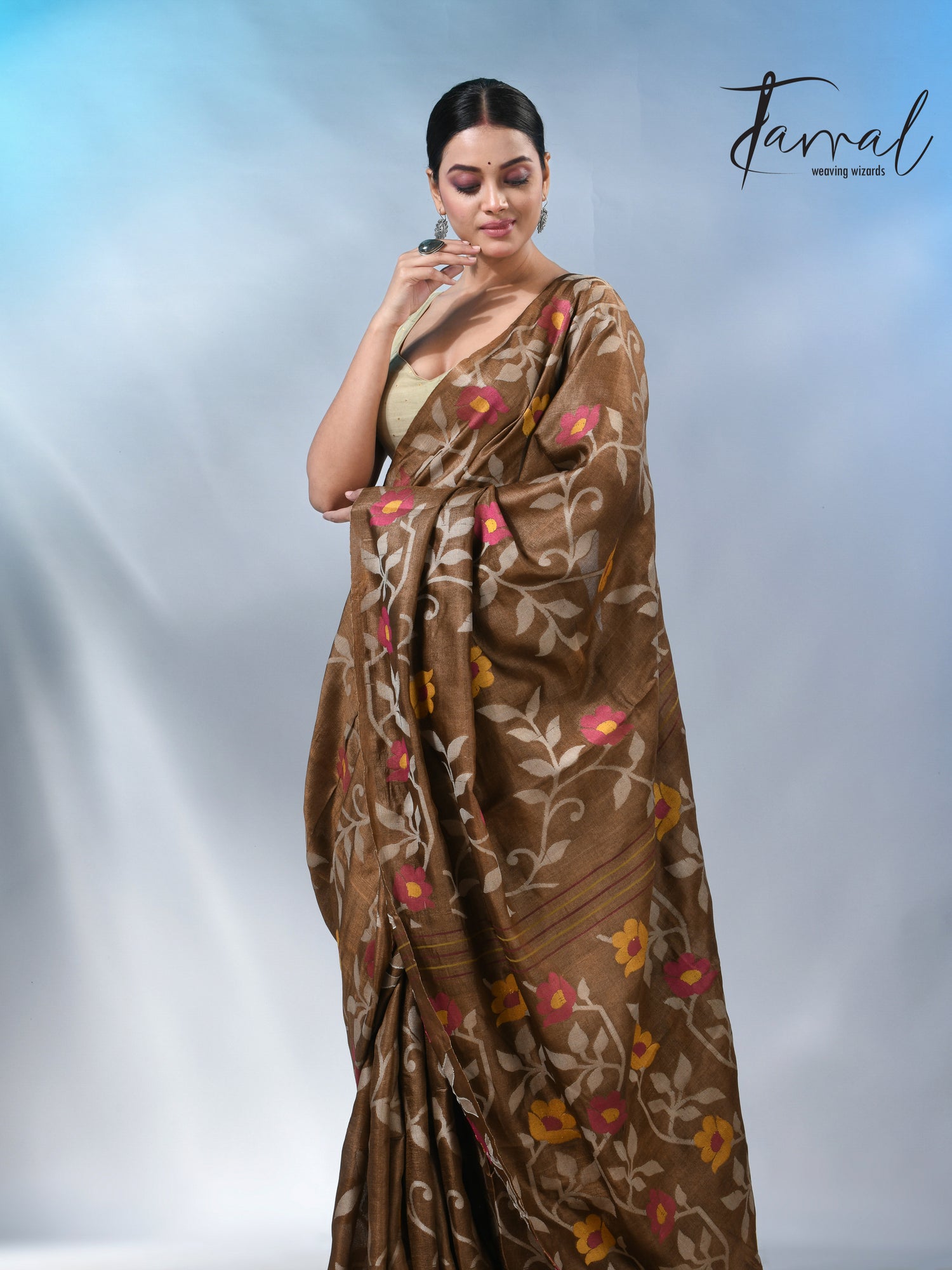 Chocolate brown allover tusser silk handloom jamdani saree