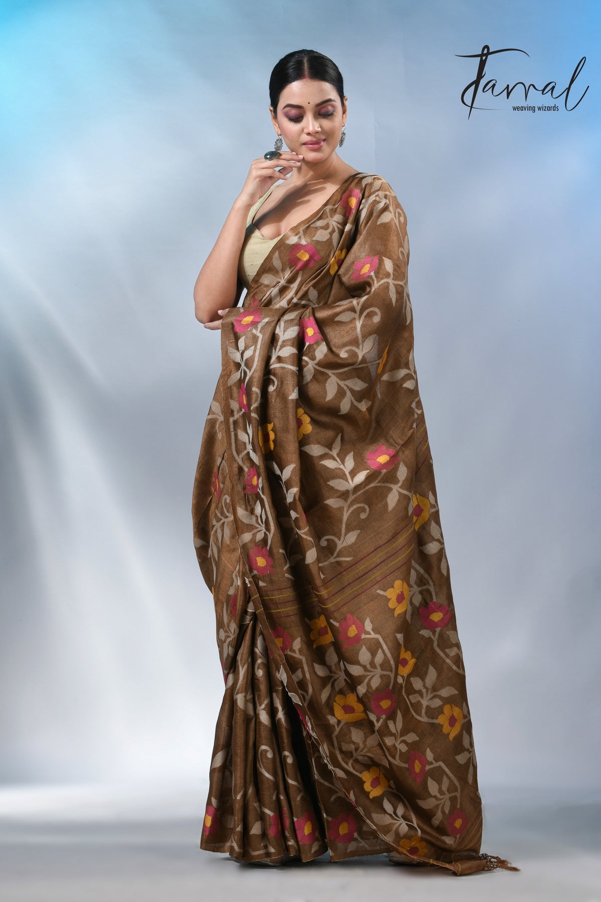 Chocolate brown allover tusser silk handloom jamdani saree