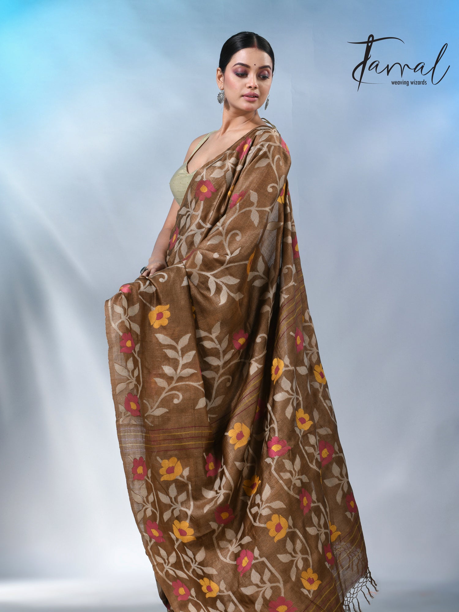 Chocolate brown allover tusser silk handloom jamdani saree
