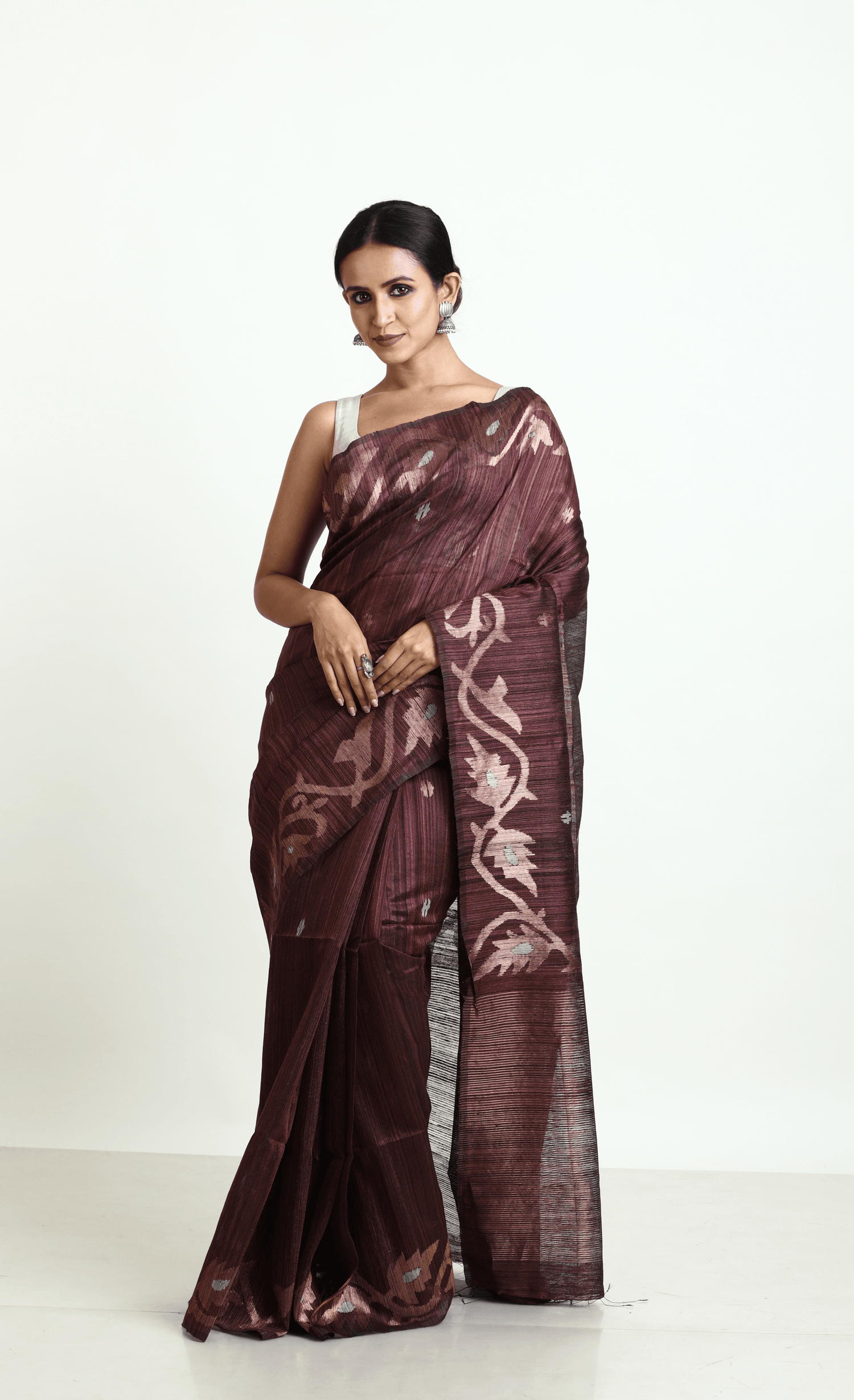 Chocolate brown with golden zari alpana motifs matka silk handwoven jamdani saree - Tamal Boutique