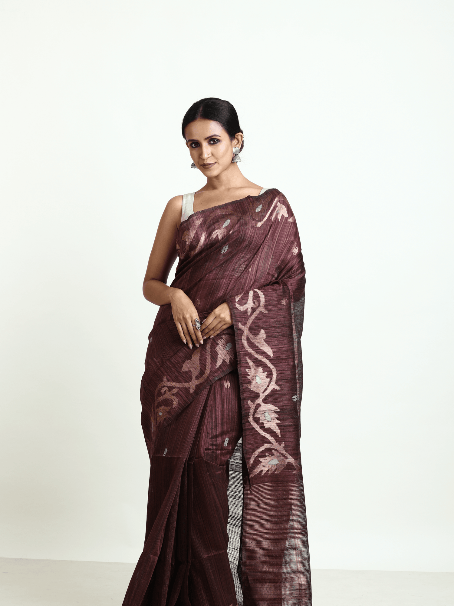 Chocolate brown with golden zari alpana motifs matka silk handwoven jamdani saree - Tamal Boutique