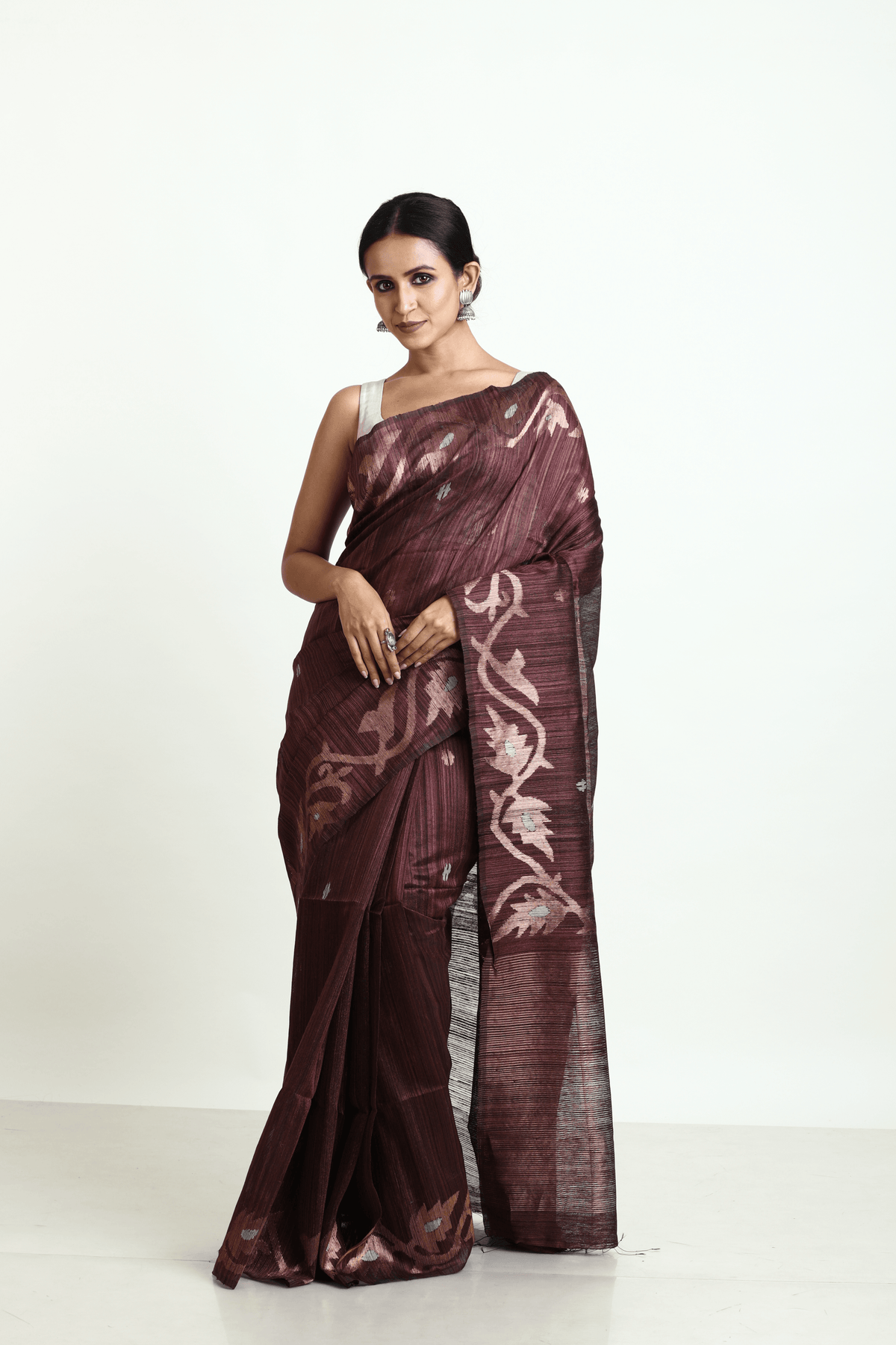 Chocolate brown with golden zari alpana motifs matka silk handwoven jamdani saree - Tamal Boutique