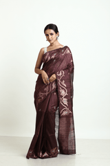 Chocolate brown with golden zari alpana motifs matka silk handwoven jamdani saree - Tamal Boutique