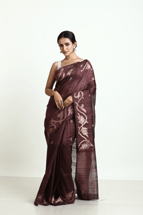 Chocolate brown with golden zari alpana motifs matka silk handwoven jamdani saree - Tamal Boutique