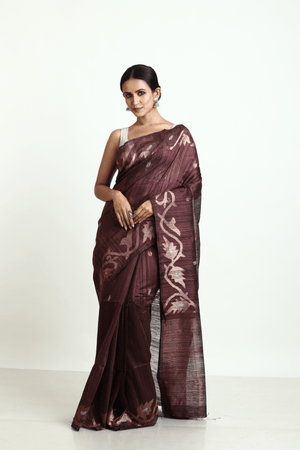 Chocolate brown with golden zari alpana motifs matka silk handwoven jamdani saree - Tamal Boutique