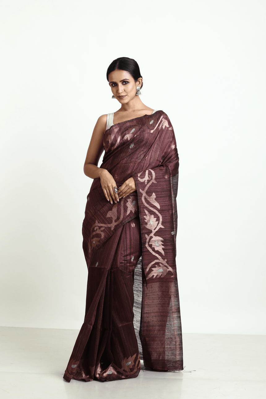 Chocolate brown with golden zari alpana motifs matka silk handwoven jamdani saree - Tamal Boutique