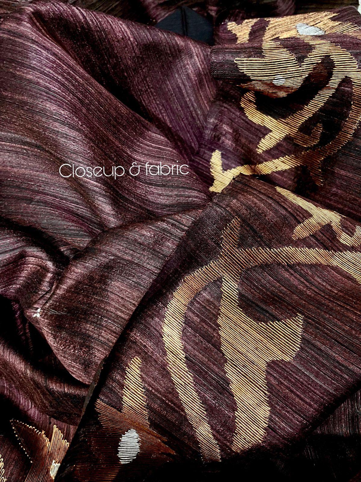 Chocolate brown with golden zari alpana motifs matka silk handwoven jamdani saree - Tamal Boutique