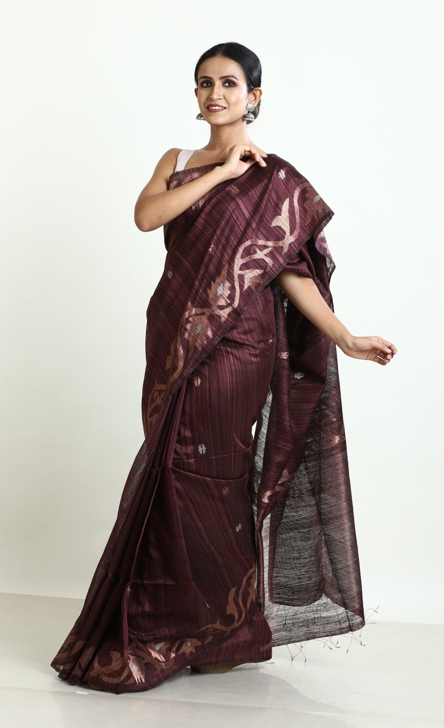 Chocolate brown with golden zari alpana motifs matka silk handwoven jamdani saree - Tamal Boutique