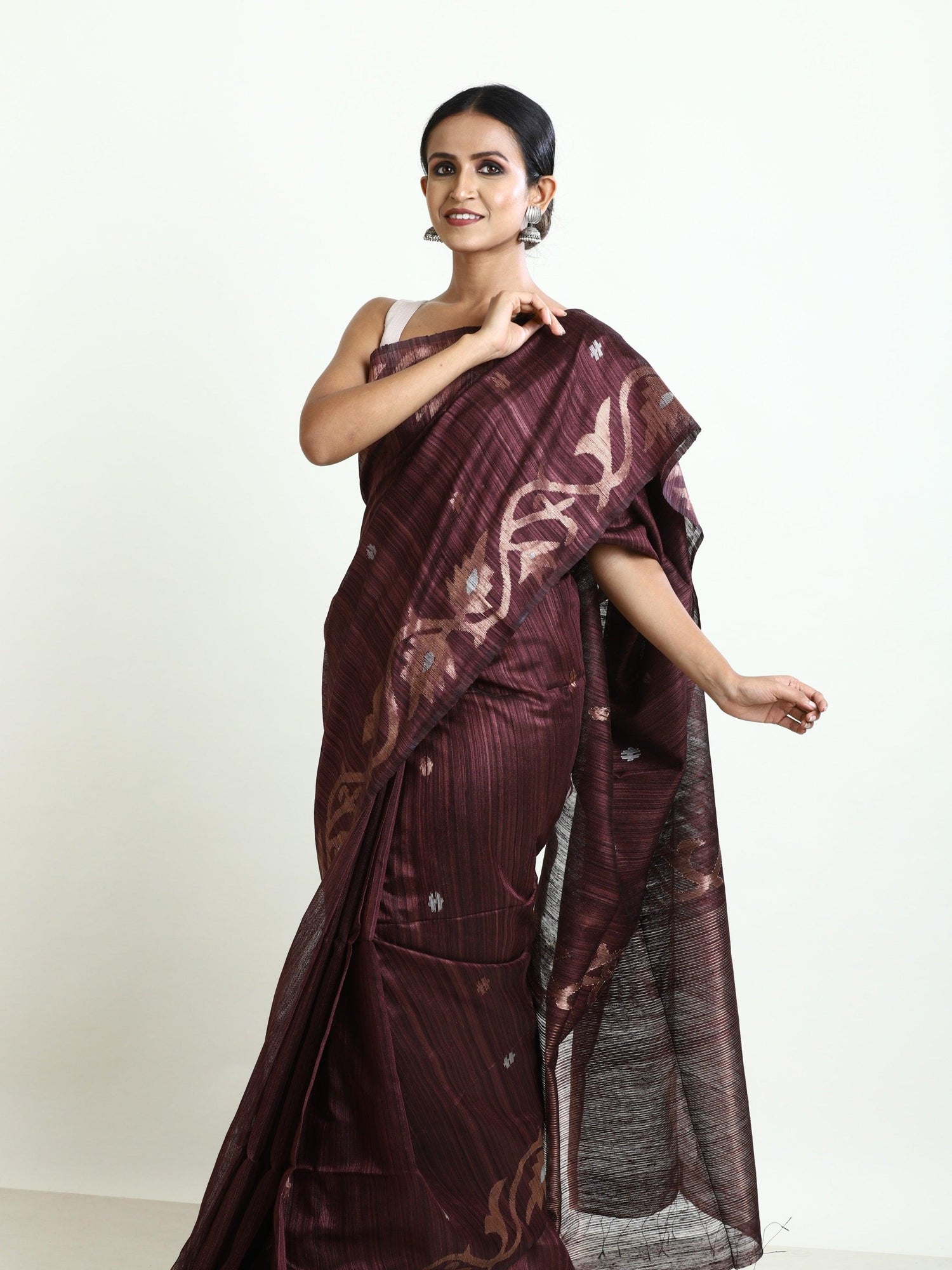 Chocolate brown with golden zari alpana motifs matka silk handwoven jamdani saree - Tamal Boutique
