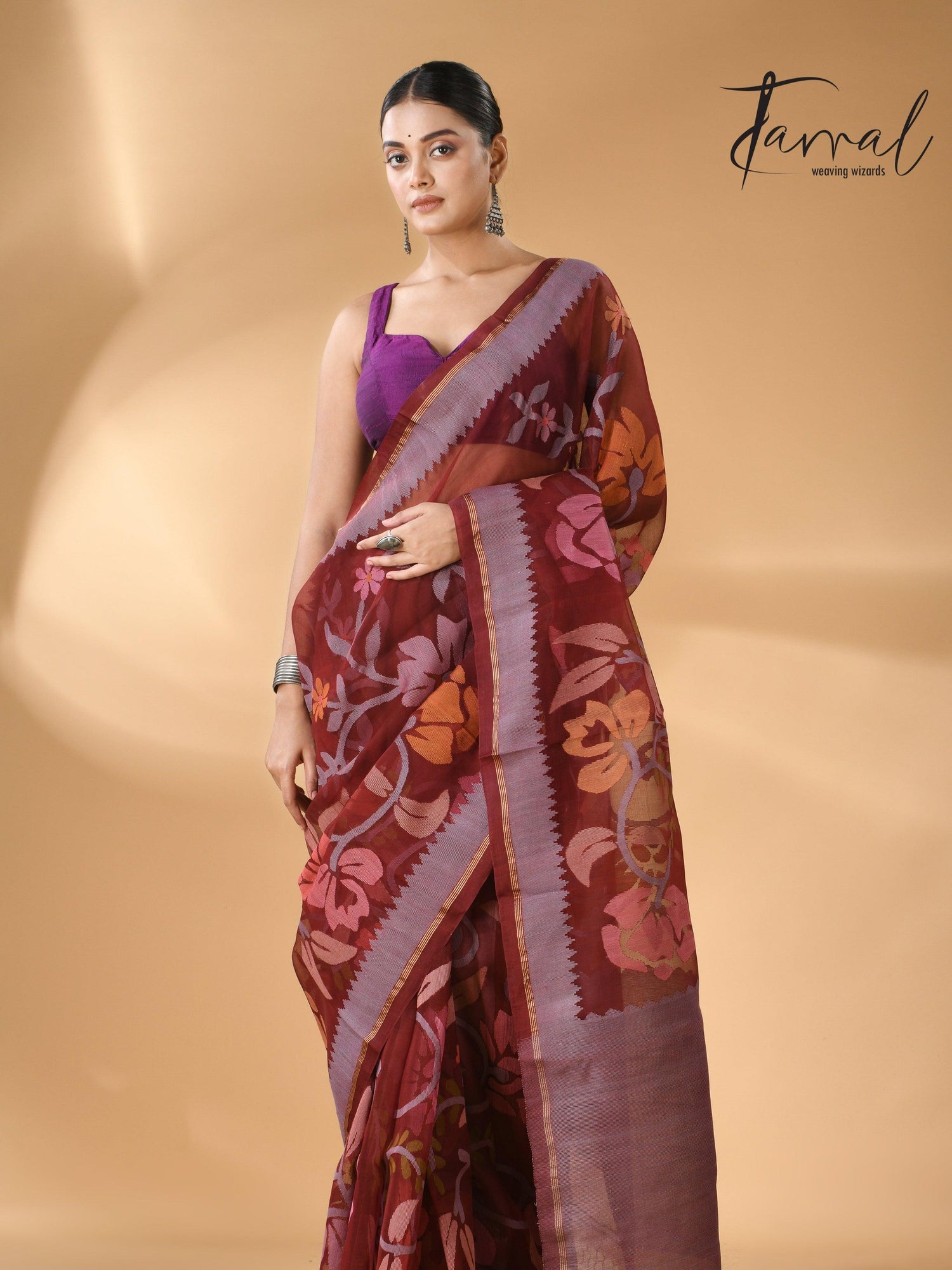 Chocolate brown with multi colour muslin silk allover floral with temple border handwoven jamdani saree - Tamal Boutique