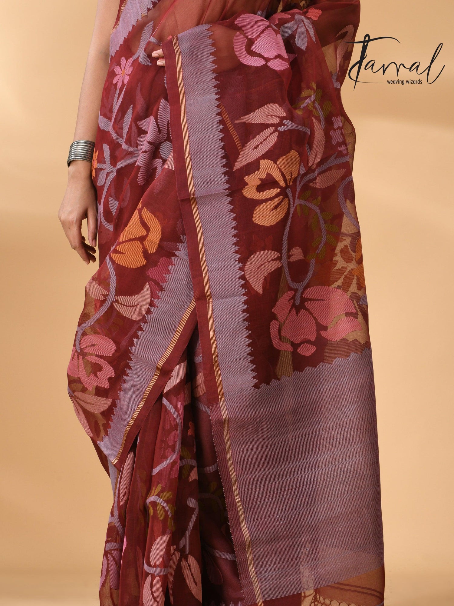 Chocolate brown with multi colour muslin silk allover floral with temple border handwoven jamdani saree - Tamal Boutique