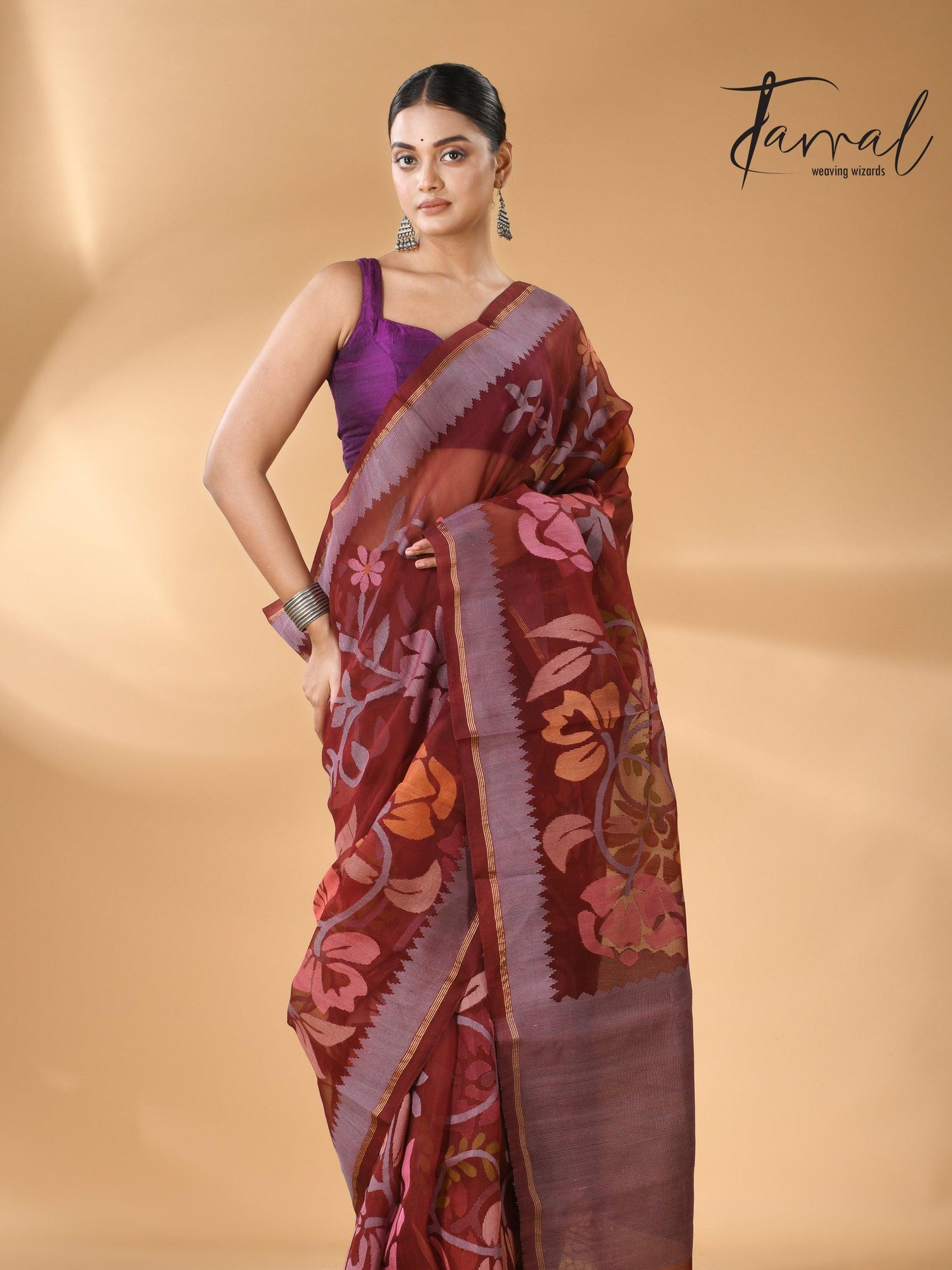 Chocolate brown with multi colour muslin silk allover floral with temple border handwoven jamdani saree - Tamal Boutique