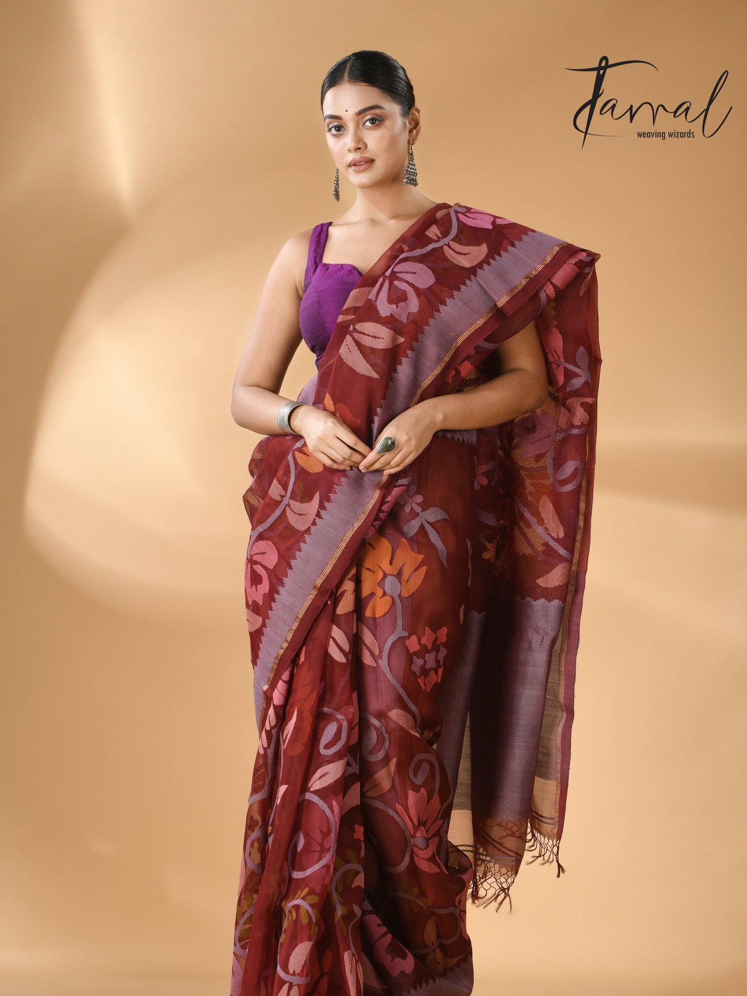 Chocolate brown with multi colour muslin silk allover floral with temple border handwoven jamdani saree - Tamal Boutique