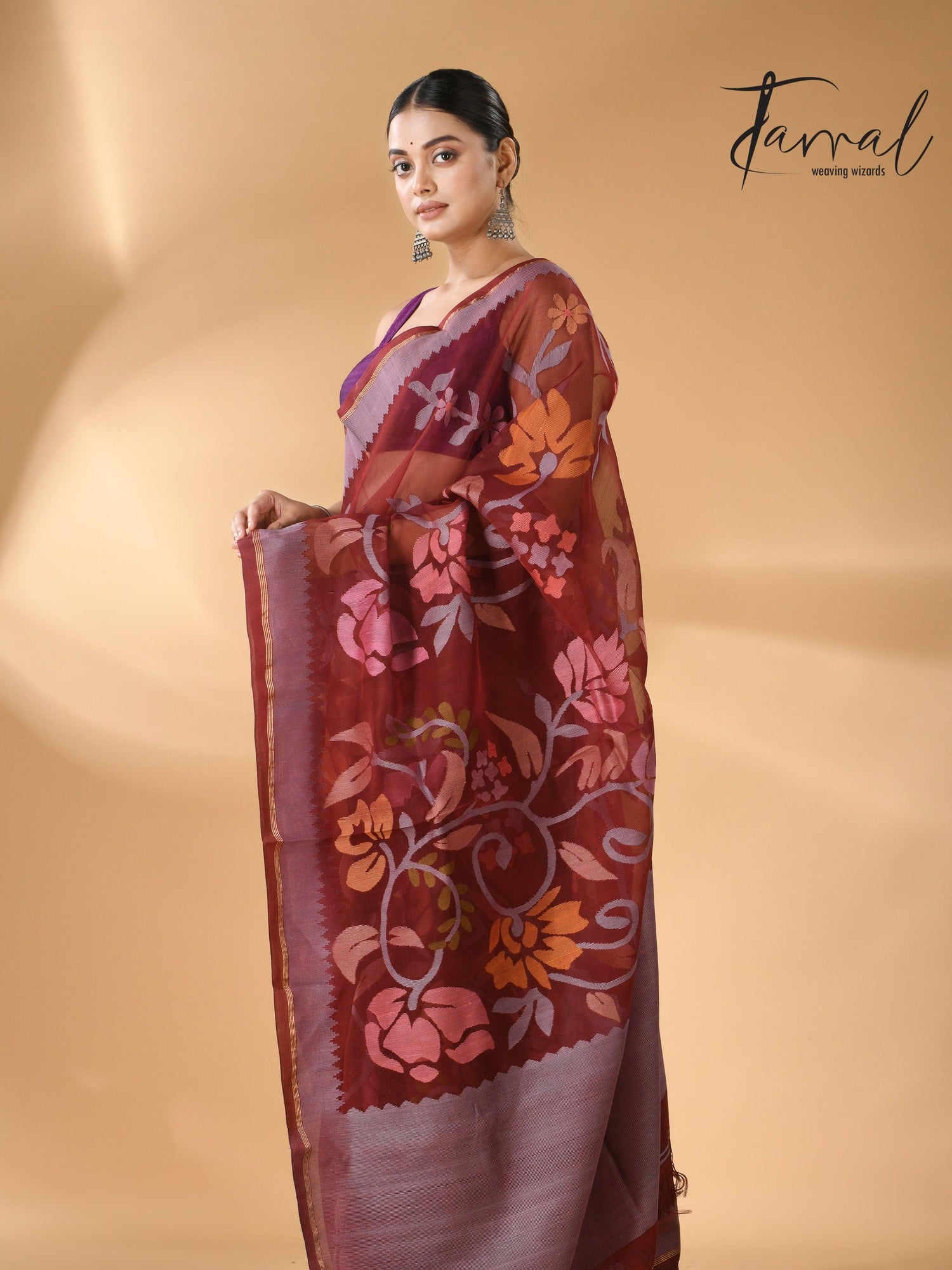 Chocolate brown with multi colour muslin silk allover floral with temple border handwoven jamdani saree - Tamal Boutique