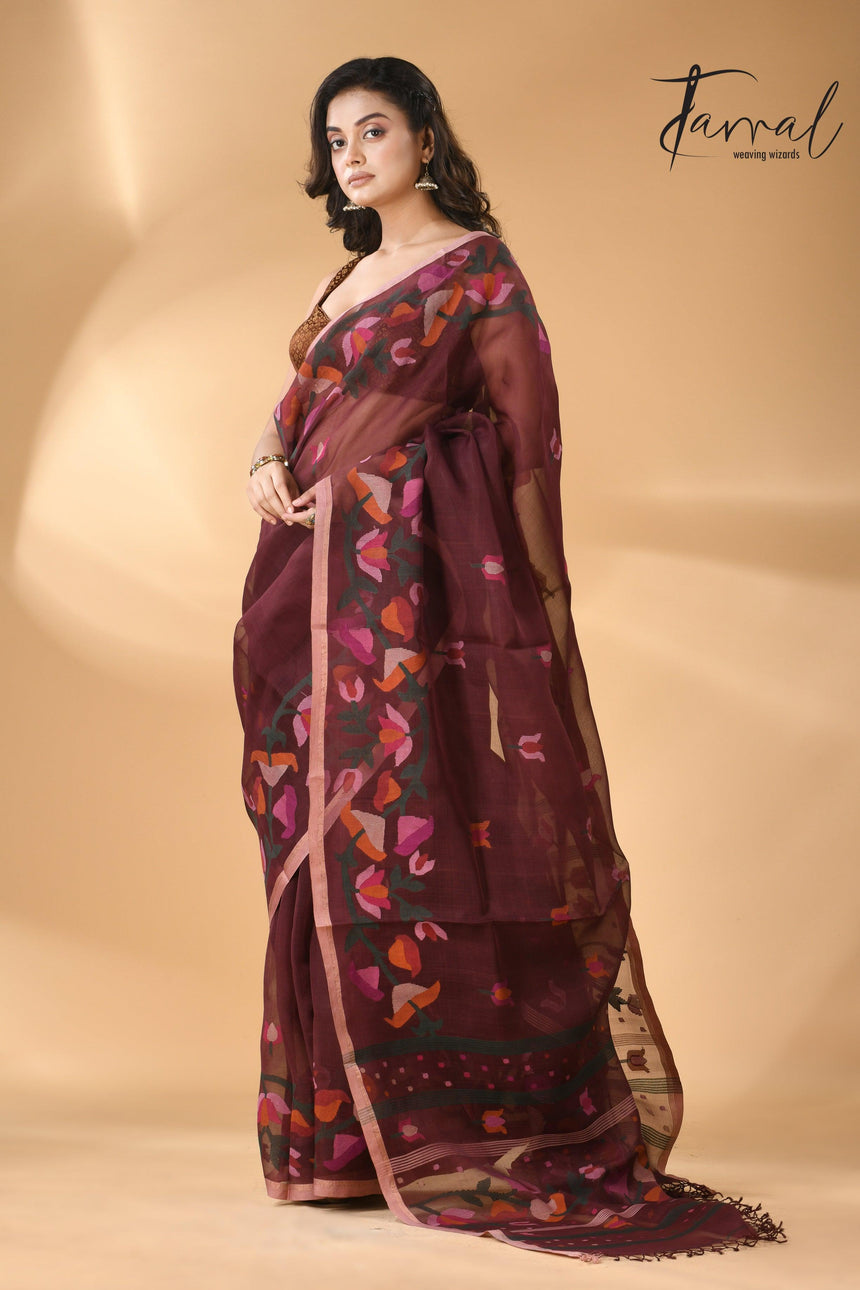 Chocolate brown kalmilata handwoven floral jamdani saree in muslin silk - Tamal Boutique