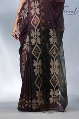 Chocolate brown matka silk traditional handwoven jamdani saree