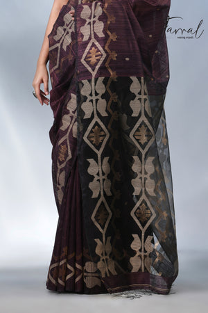 Chocolate brown matka silk traditional handwoven jamdani saree