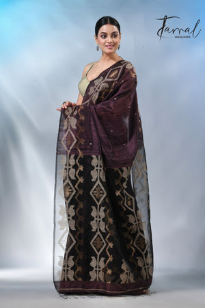 Chocolate brown matka silk traditional handwoven jamdani saree