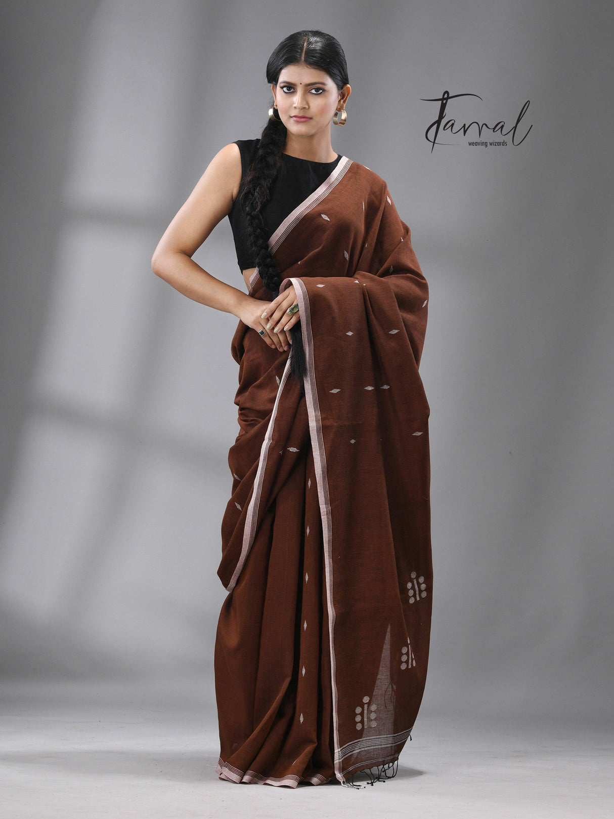 Chocolate brown with white combination pure cotton coin pallu handwoven jamdani saree - Tamal Boutique