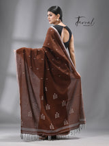 Chocolate brown with white combination pure cotton coin pallu handwoven jamdani saree - Tamal Boutique
