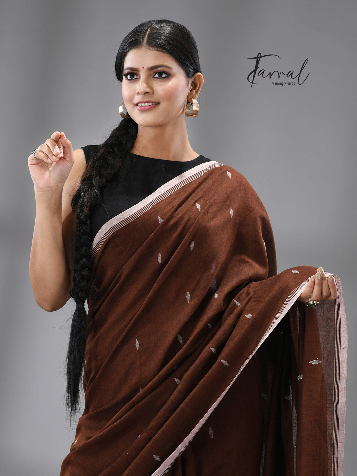 Chocolate brown with white combination pure cotton coin pallu handwoven jamdani saree - Tamal Boutique